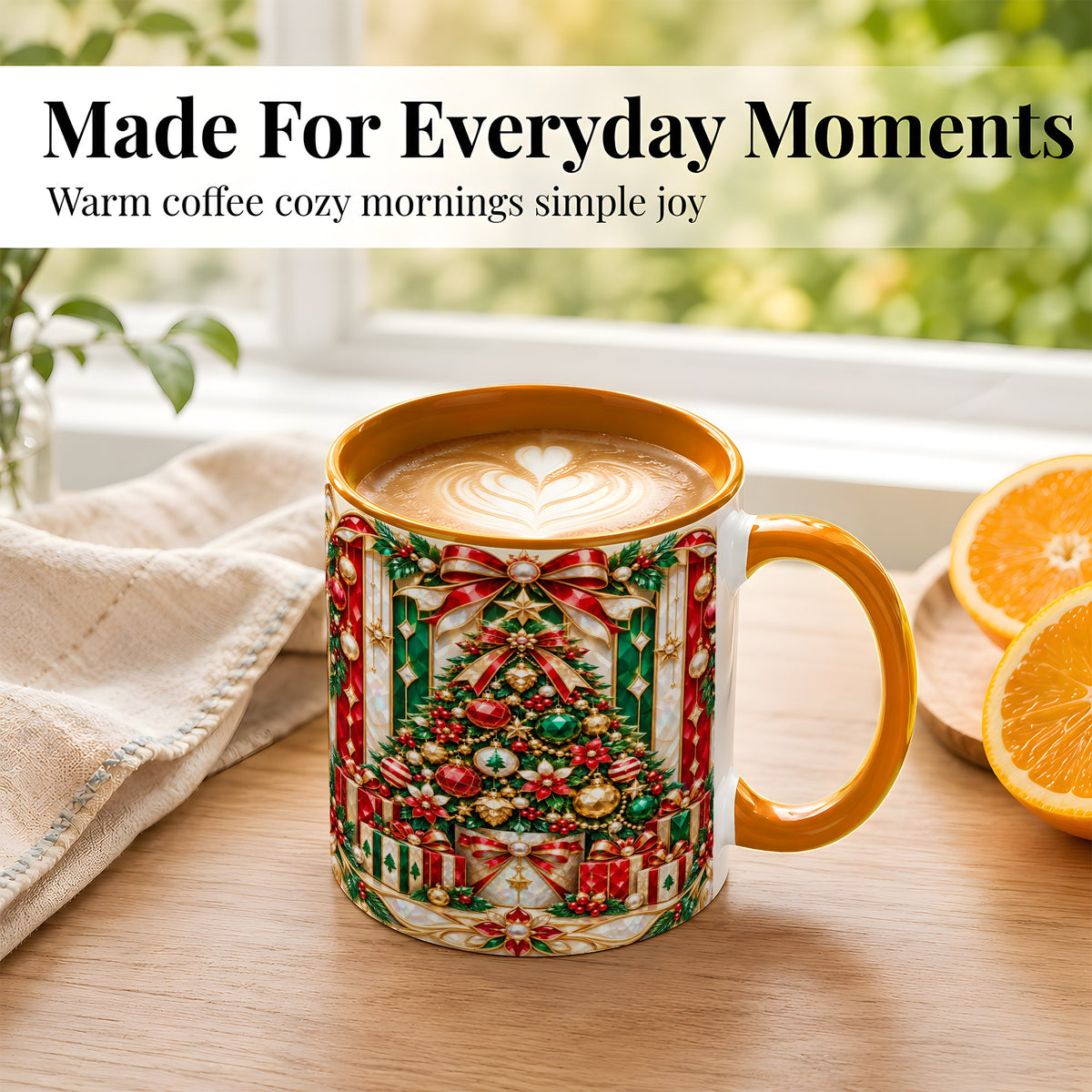 #pl[11oz|Orange] Jeweled Christmas Tree Coffee Mug, Holiday Ornament Mug, Ceramic Cup