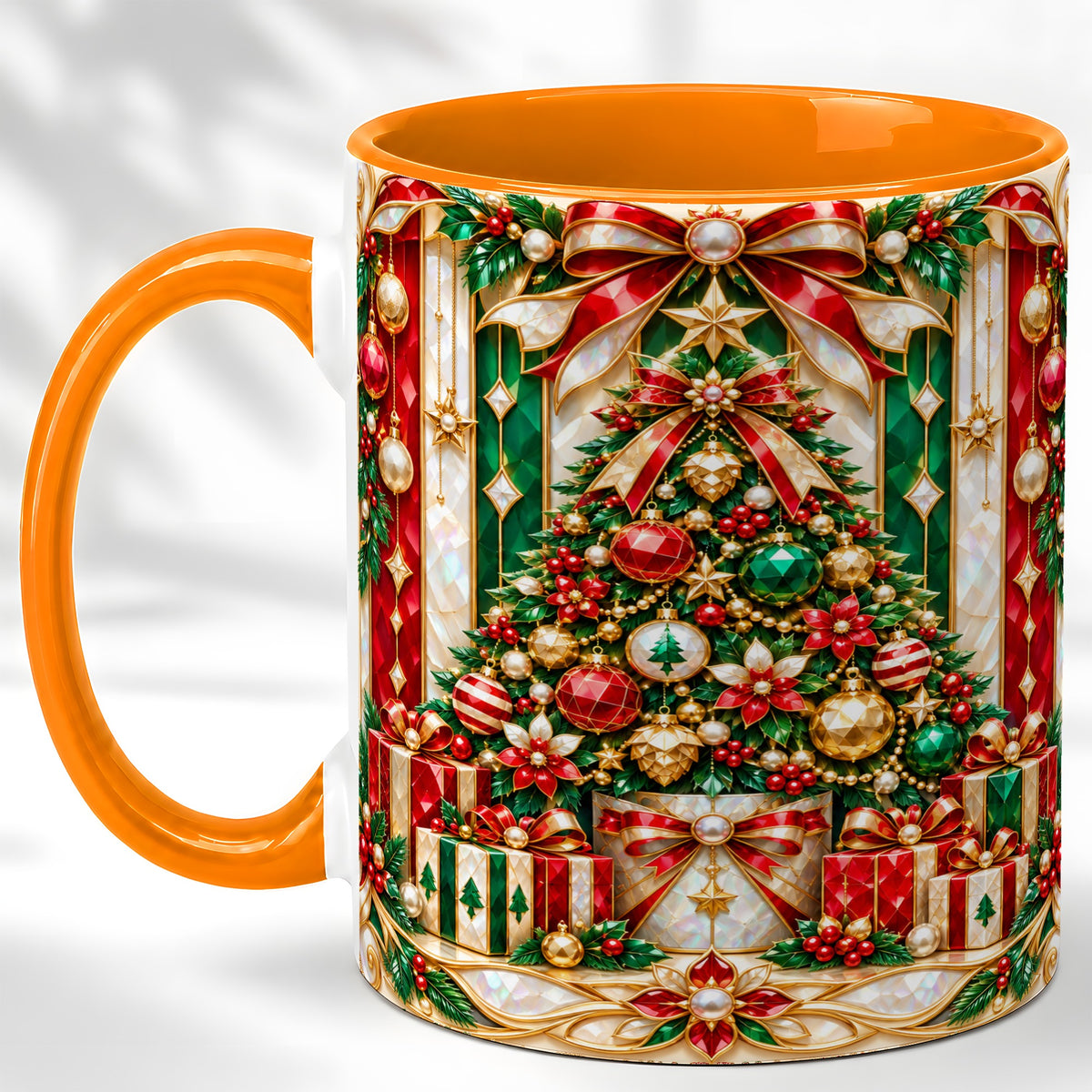 #pl[11oz|Orange] Jeweled Christmas Tree Coffee Mug, Holiday Ornament Mug, Ceramic Cup