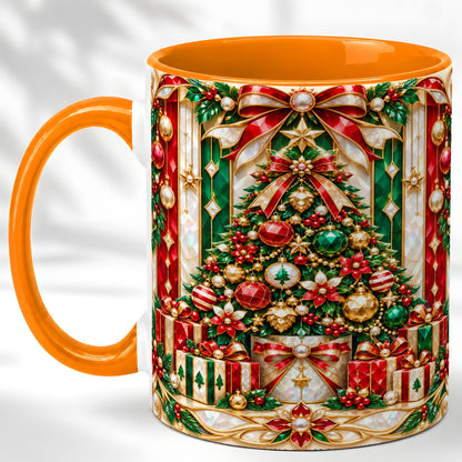 #pl[11oz|Orange] Jeweled Christmas Tree Coffee Mug, Holiday Ornament Mug, Ceramic Cup