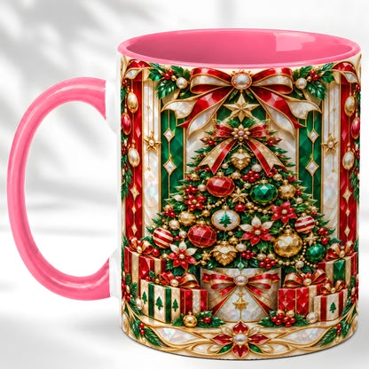#pl[11oz|Pink] Jeweled Christmas Tree Coffee Mug, Holiday Ornament Mug, Ceramic Cup