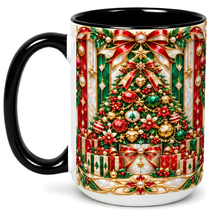#pl[15oz|Black] Jeweled Christmas Tree Coffee Mug, Holiday Ornament Mug, Ceramic Cup