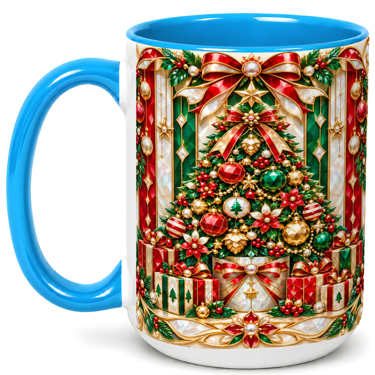 #pl[15oz|Blue] Jeweled Christmas Tree Coffee Mug, Holiday Ornament Mug, Ceramic Cup