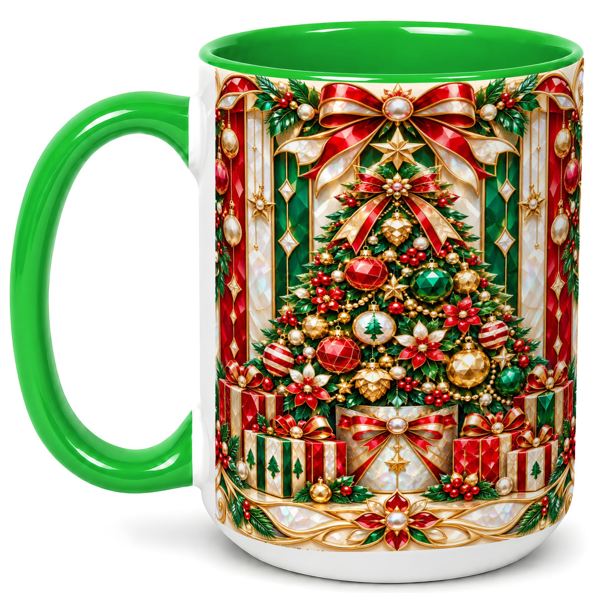 #pl[15oz|Green] Jeweled Christmas Tree Coffee Mug, Holiday Ornament Mug, Ceramic Cup
