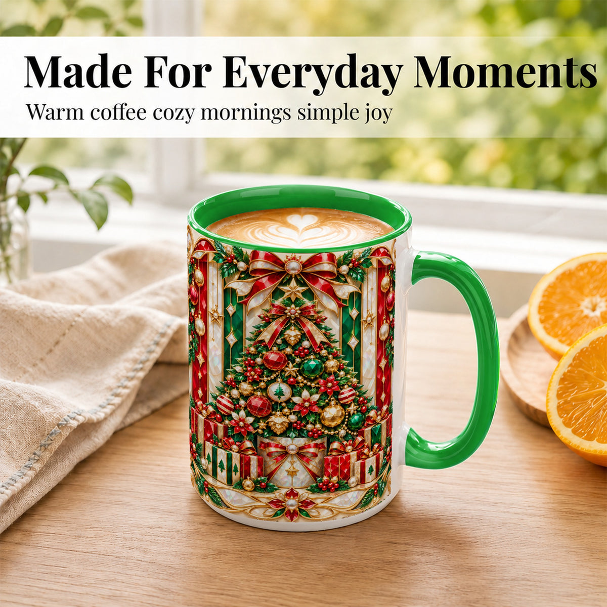 #pl[15oz|Green] Jeweled Christmas Tree Coffee Mug, Holiday Ornament Mug, Ceramic Cup