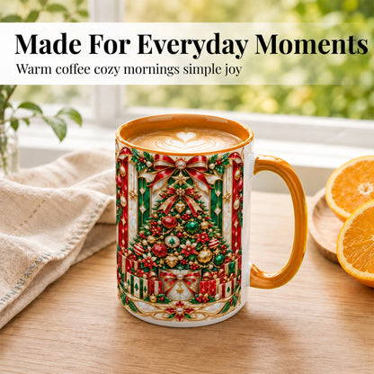 #pl[15oz|Orange] Jeweled Christmas Tree Coffee Mug, Holiday Ornament Mug, Ceramic Cup