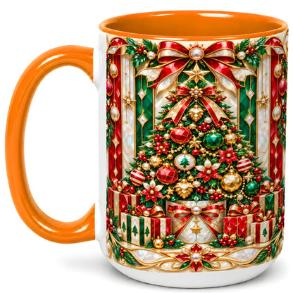 #pl[15oz|Orange] Jeweled Christmas Tree Coffee Mug, Holiday Ornament Mug, Ceramic Cup