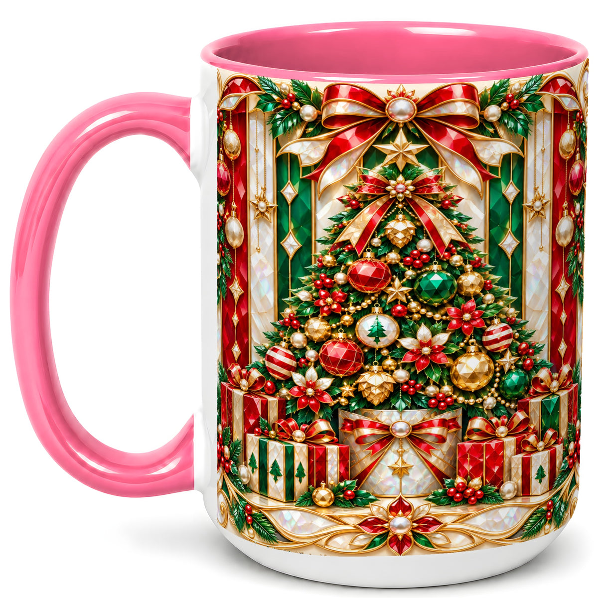 #pl[15oz|Pink] Jeweled Christmas Tree Coffee Mug, Holiday Ornament Mug, Ceramic Cup