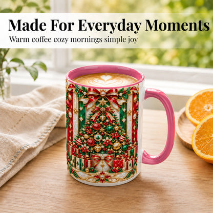 #pl[15oz|Pink] Jeweled Christmas Tree Coffee Mug, Holiday Ornament Mug, Ceramic Cup