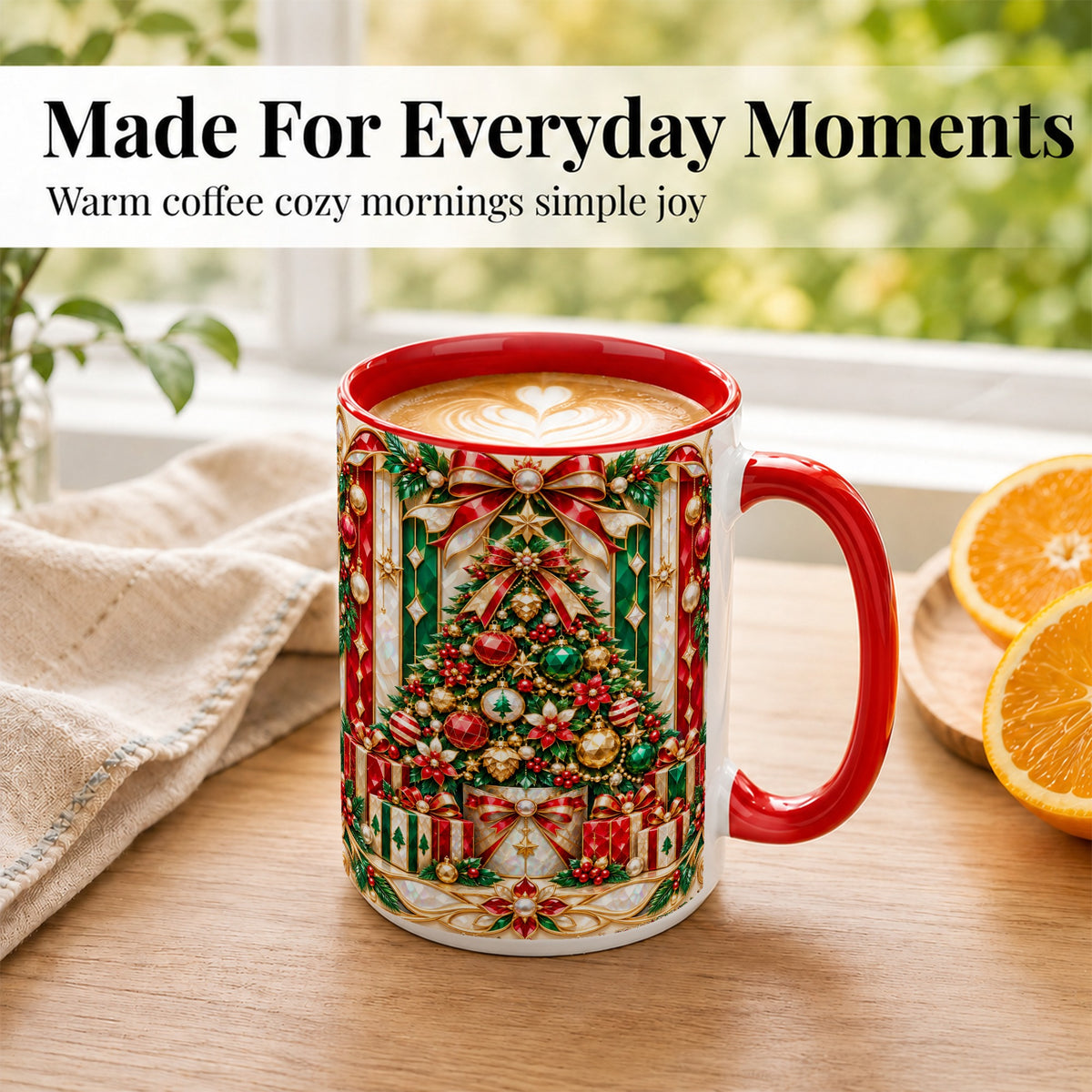 #pl[15oz|Red] Jeweled Christmas Tree Coffee Mug, Holiday Ornament Mug, Ceramic Cup