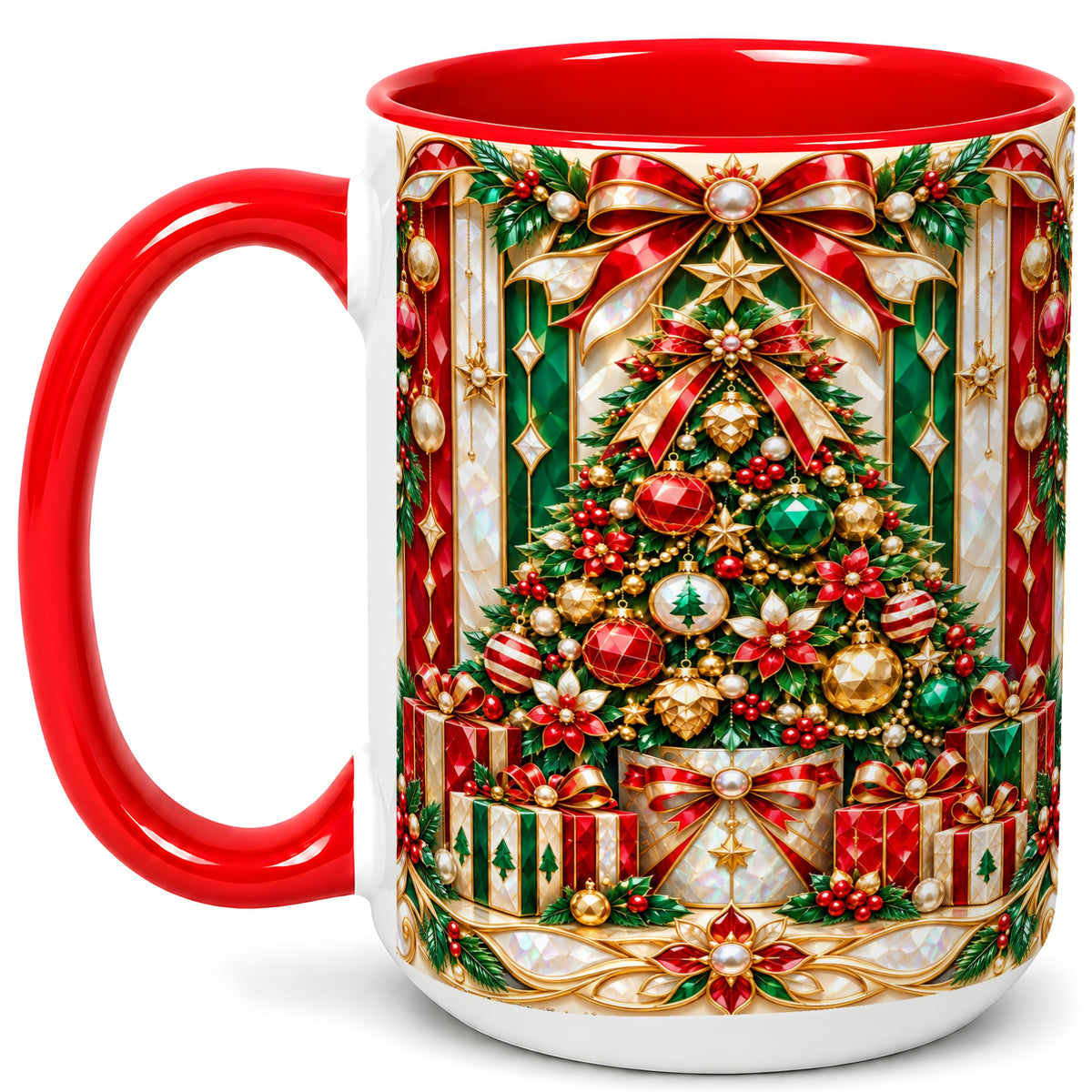#pl[15oz|Red] Jeweled Christmas Tree Coffee Mug, Holiday Ornament Mug, Ceramic Cup