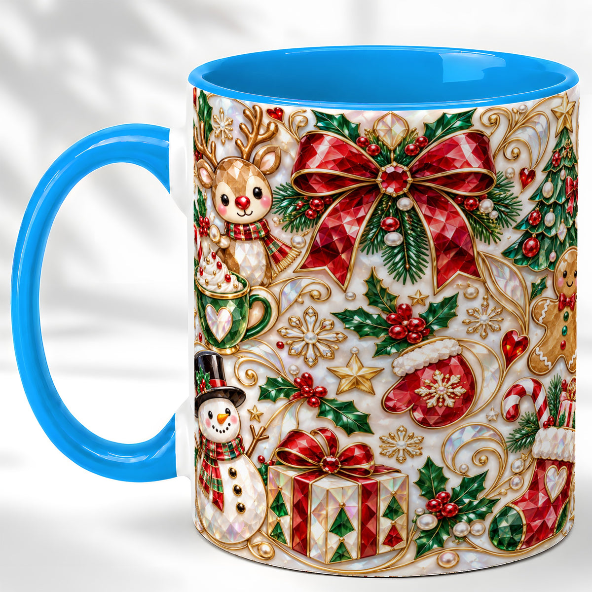#pl[11oz|Blue] Christmas Motif Coffee Mug, Snowman Gingerbread Mug, Ceramic Cup