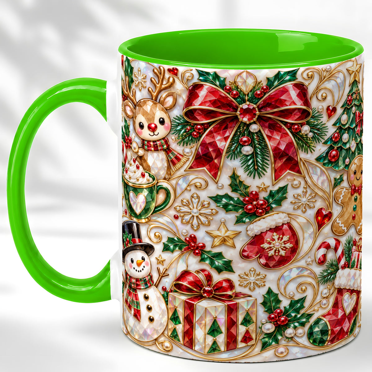 #pl[11oz|Green] Christmas Motif Coffee Mug, Snowman Gingerbread Mug, Ceramic Cup