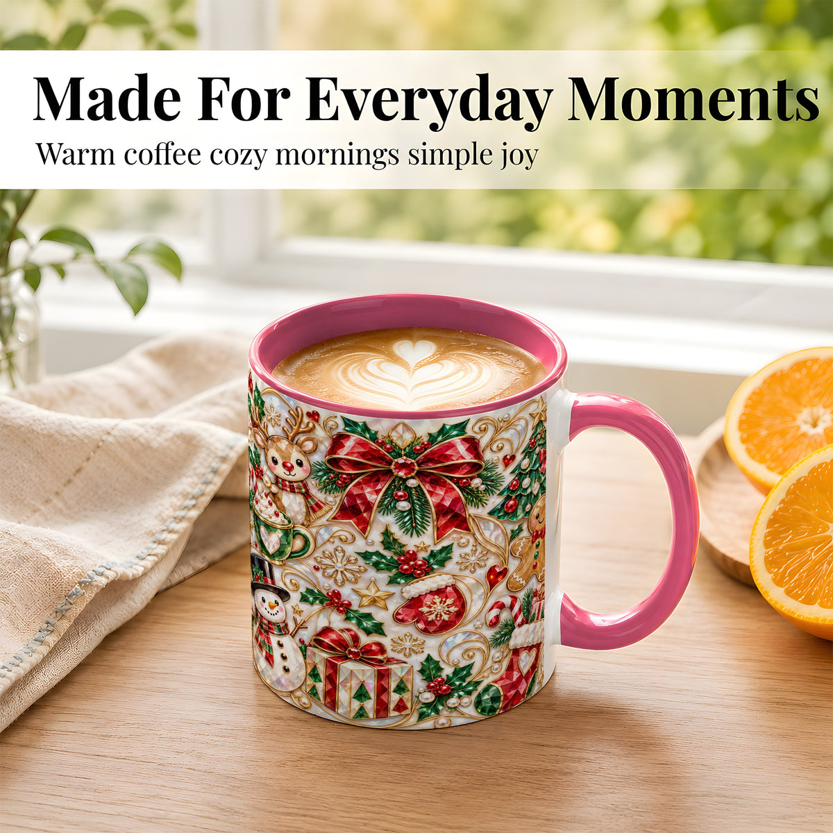 #pl[11oz|Pink] Christmas Motif Coffee Mug, Snowman Gingerbread Mug, Ceramic Cup