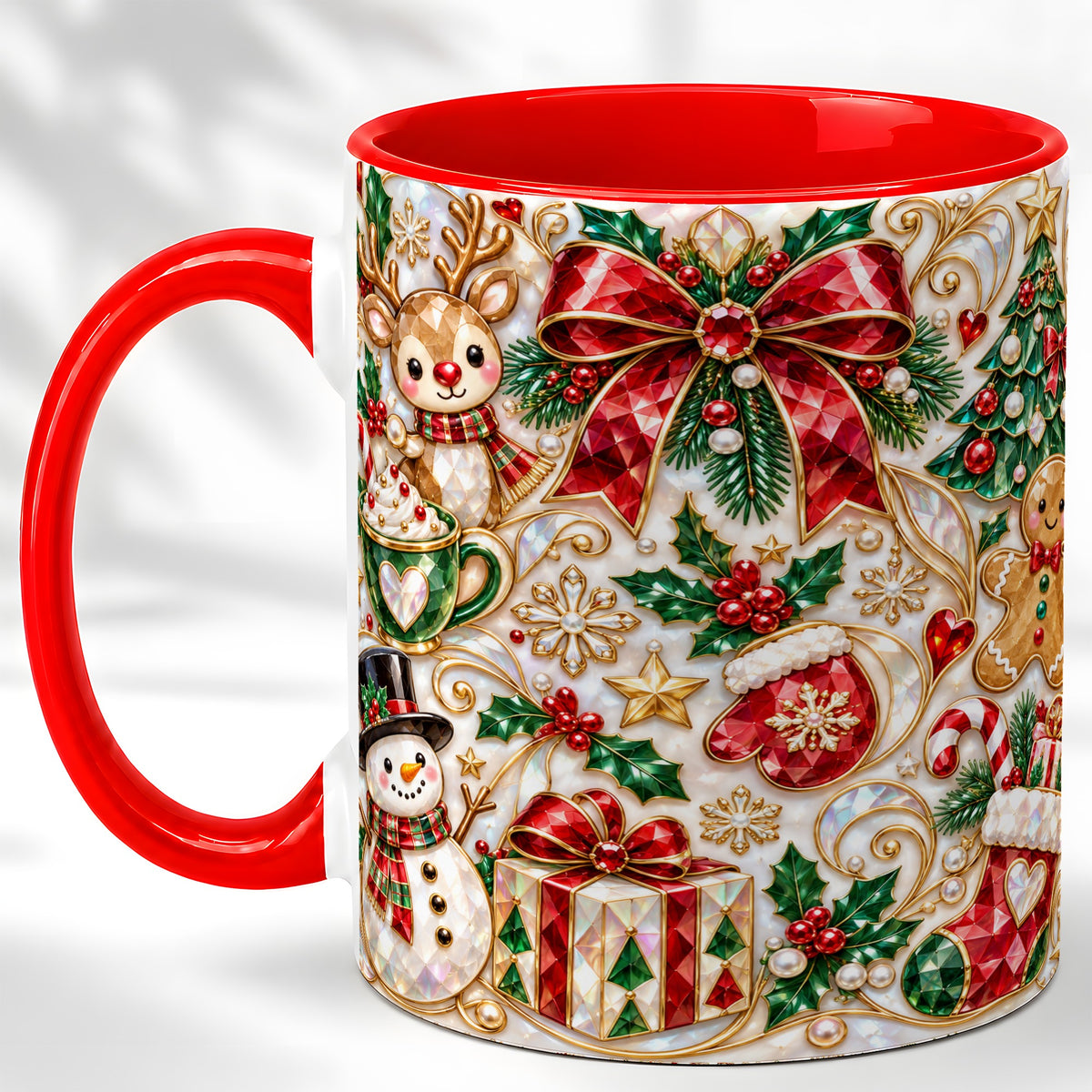 Christmas Motif Coffee Mug, Snowman Gingerbread Mug, Ceramic Cup