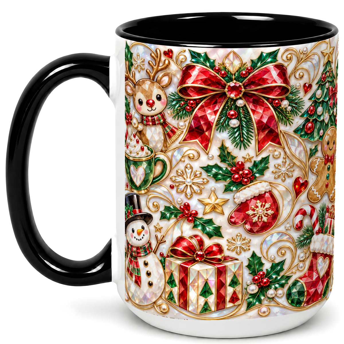 #pl[15oz|Black] Christmas Motif Coffee Mug, Snowman Gingerbread Mug, Ceramic Cup