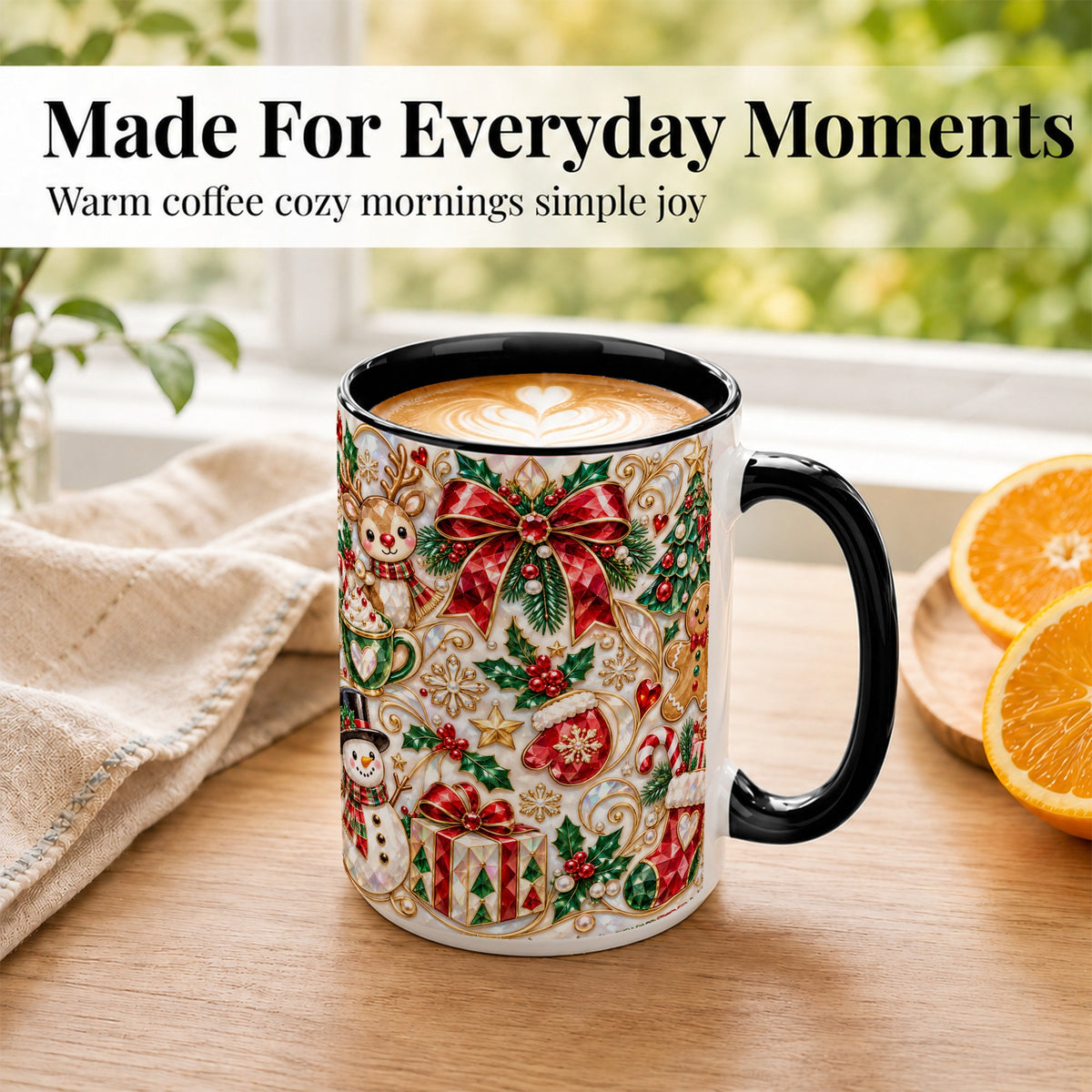 #pl[15oz|Black] Christmas Motif Coffee Mug, Snowman Gingerbread Mug, Ceramic Cup