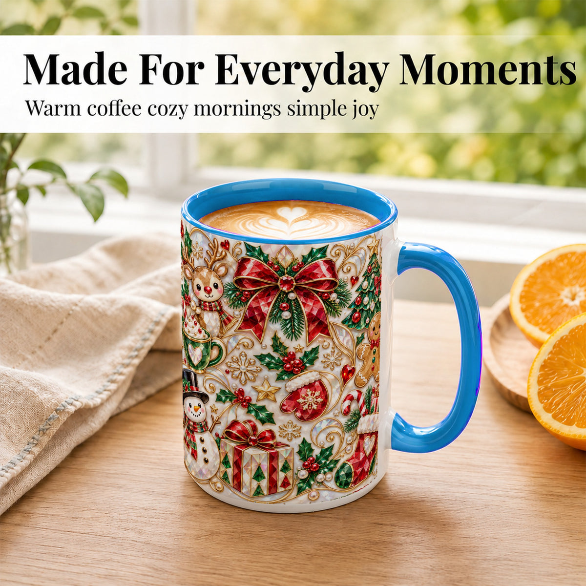 #pl[15oz|Blue] Christmas Motif Coffee Mug, Snowman Gingerbread Mug, Ceramic Cup