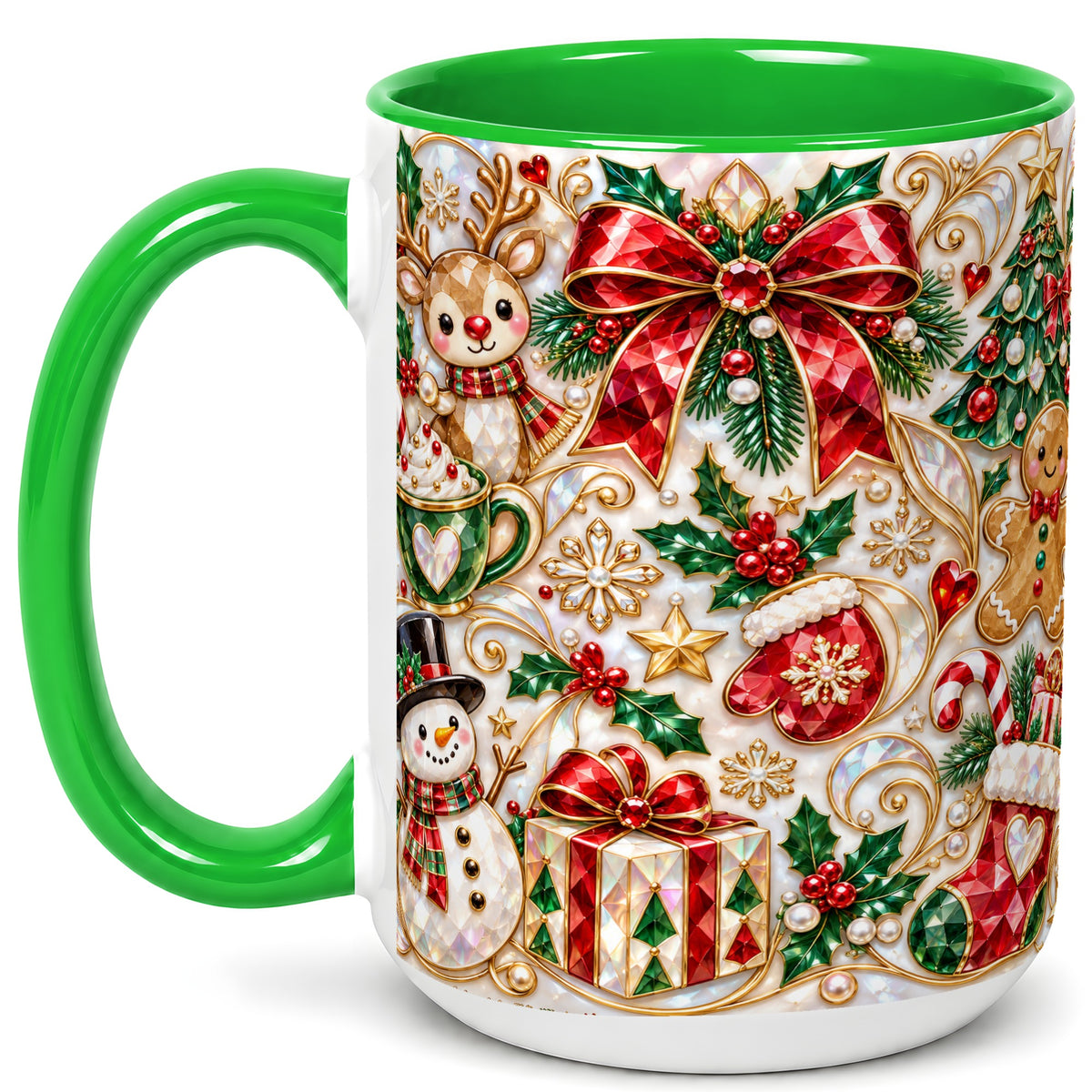 #pl[15oz|Green] Christmas Motif Coffee Mug, Snowman Gingerbread Mug, Ceramic Cup