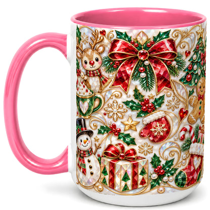 #pl[15oz|Pink] Christmas Motif Coffee Mug, Snowman Gingerbread Mug, Ceramic Cup