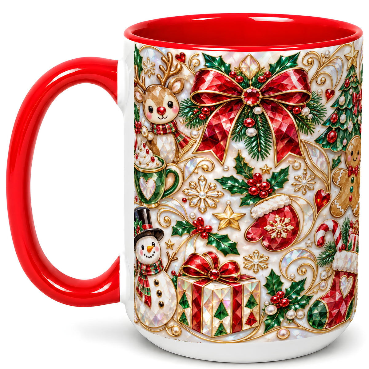 #pl[15oz|Red] Christmas Motif Coffee Mug, Snowman Gingerbread Mug, Ceramic Cup