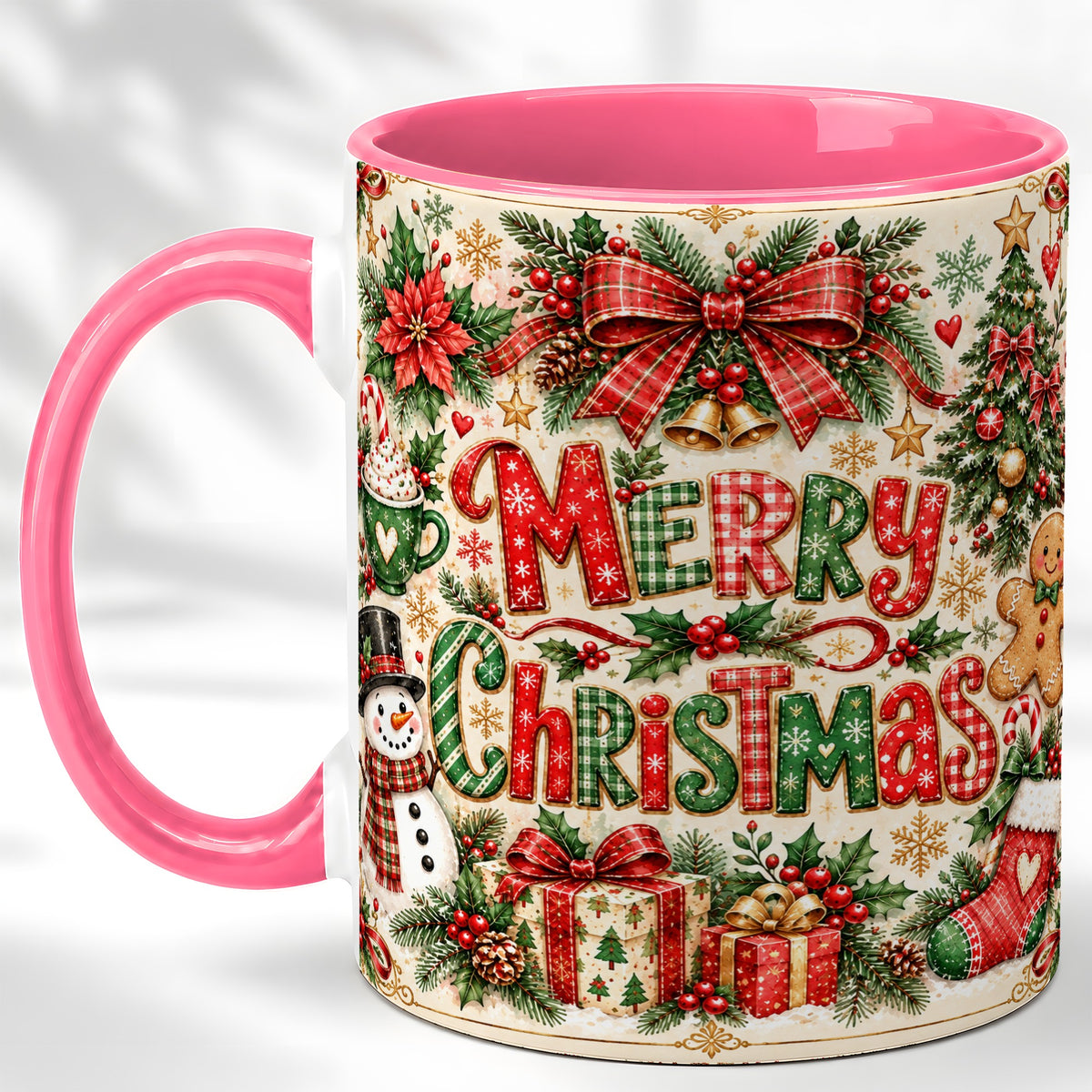 #pl[11oz|Pink] Christmas Collage Coffee Mug, Holiday Mug, Ceramic Cup
