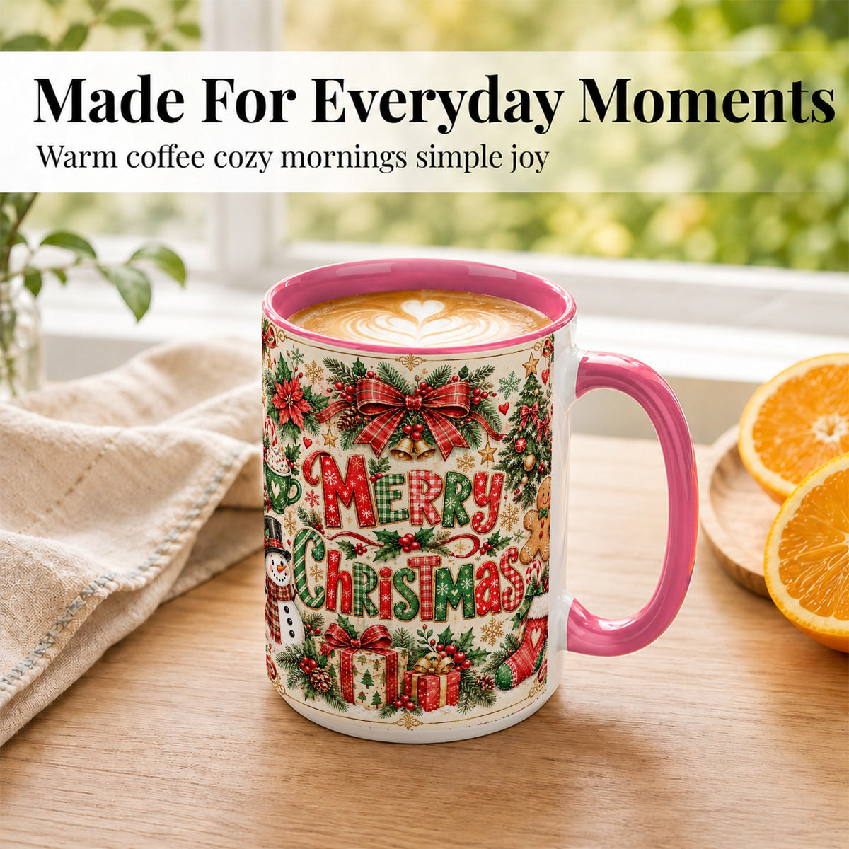#pl[15oz|Pink] Christmas Collage Coffee Mug, Holiday Mug, Ceramic Cup