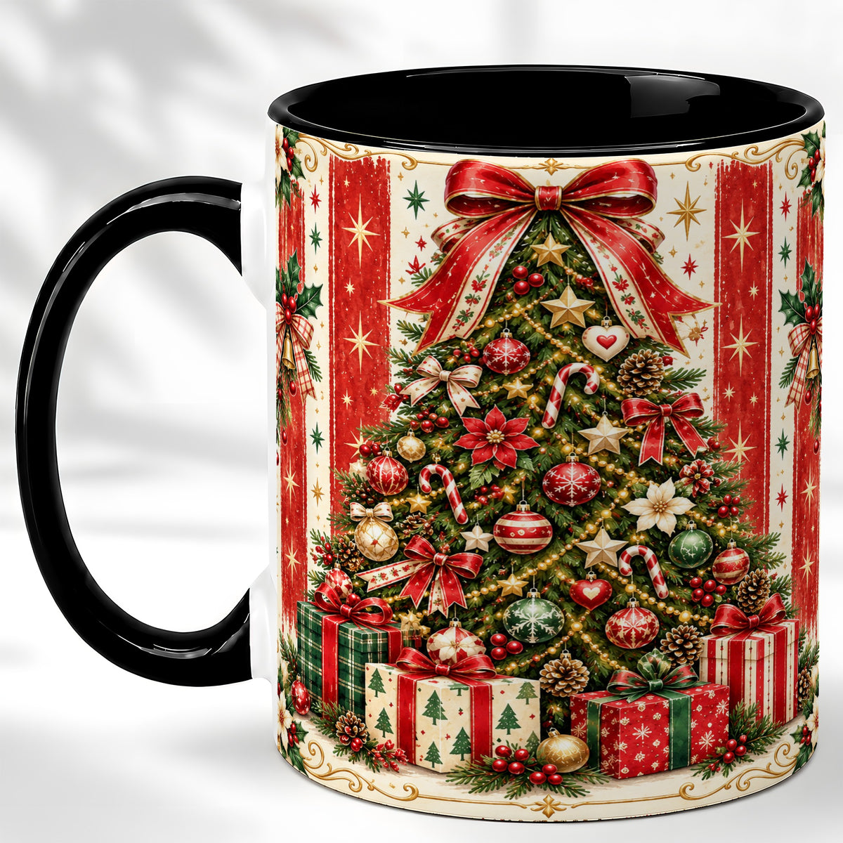 #pl[11oz|Black] Christmas Tree Coffee Mug, Holiday Ornament Mug, Ceramic Cup