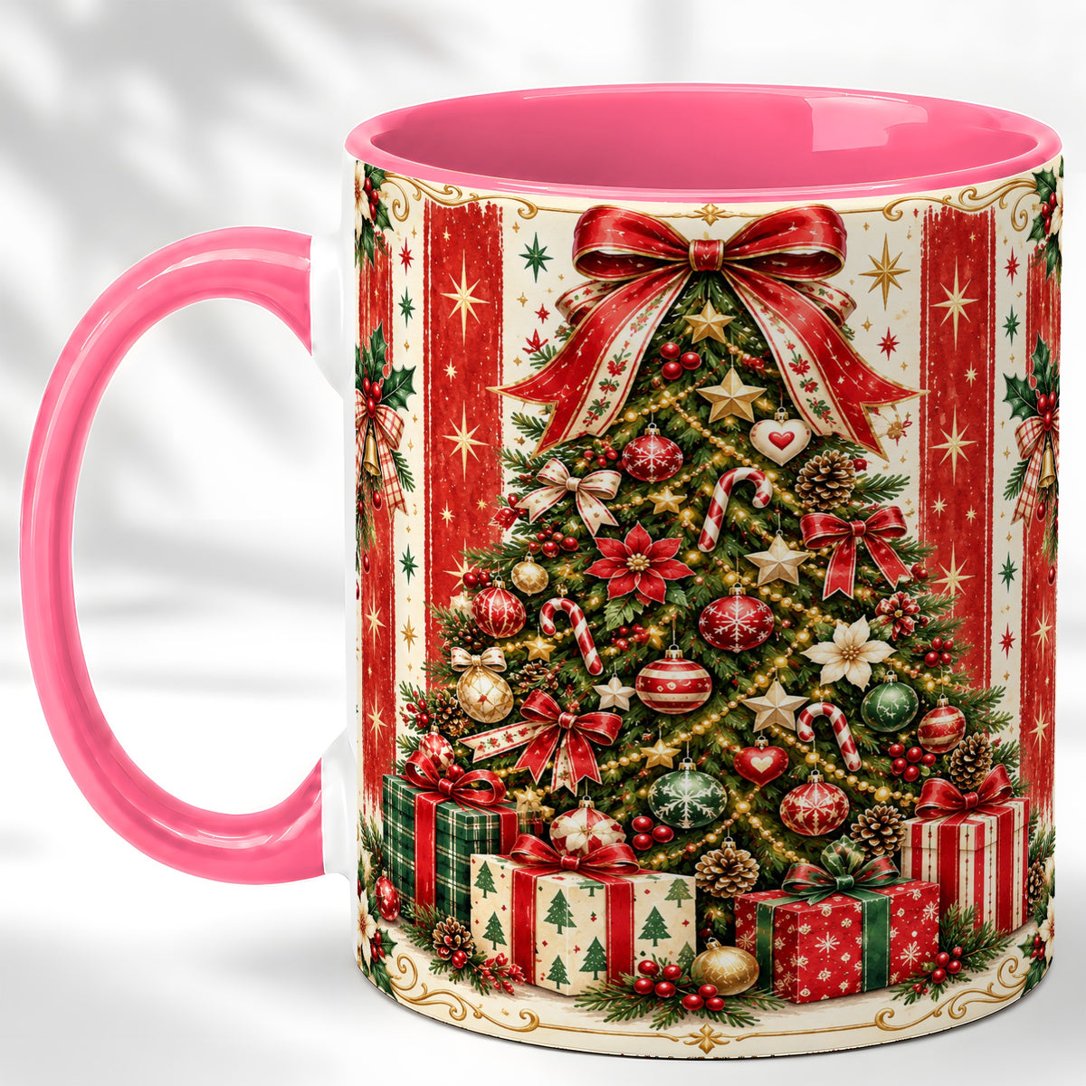 #pl[11oz|Pink] Christmas Tree Coffee Mug, Holiday Ornament Mug, Ceramic Cup