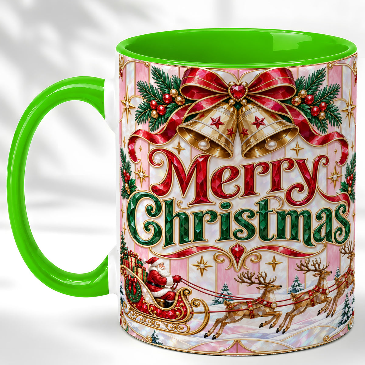 #pl[11oz|Green] Santa Sleigh Coffee Mug, Christmas Bell Mug, Ceramic Cup