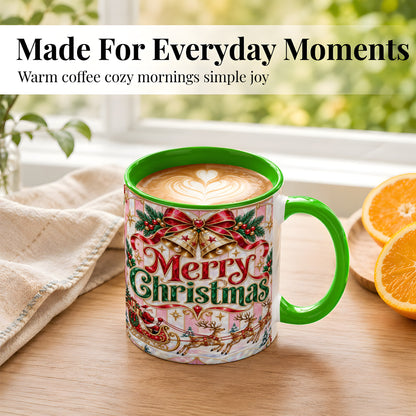 #pl[11oz|Green] Santa Sleigh Coffee Mug, Christmas Bell Mug, Ceramic Cup
