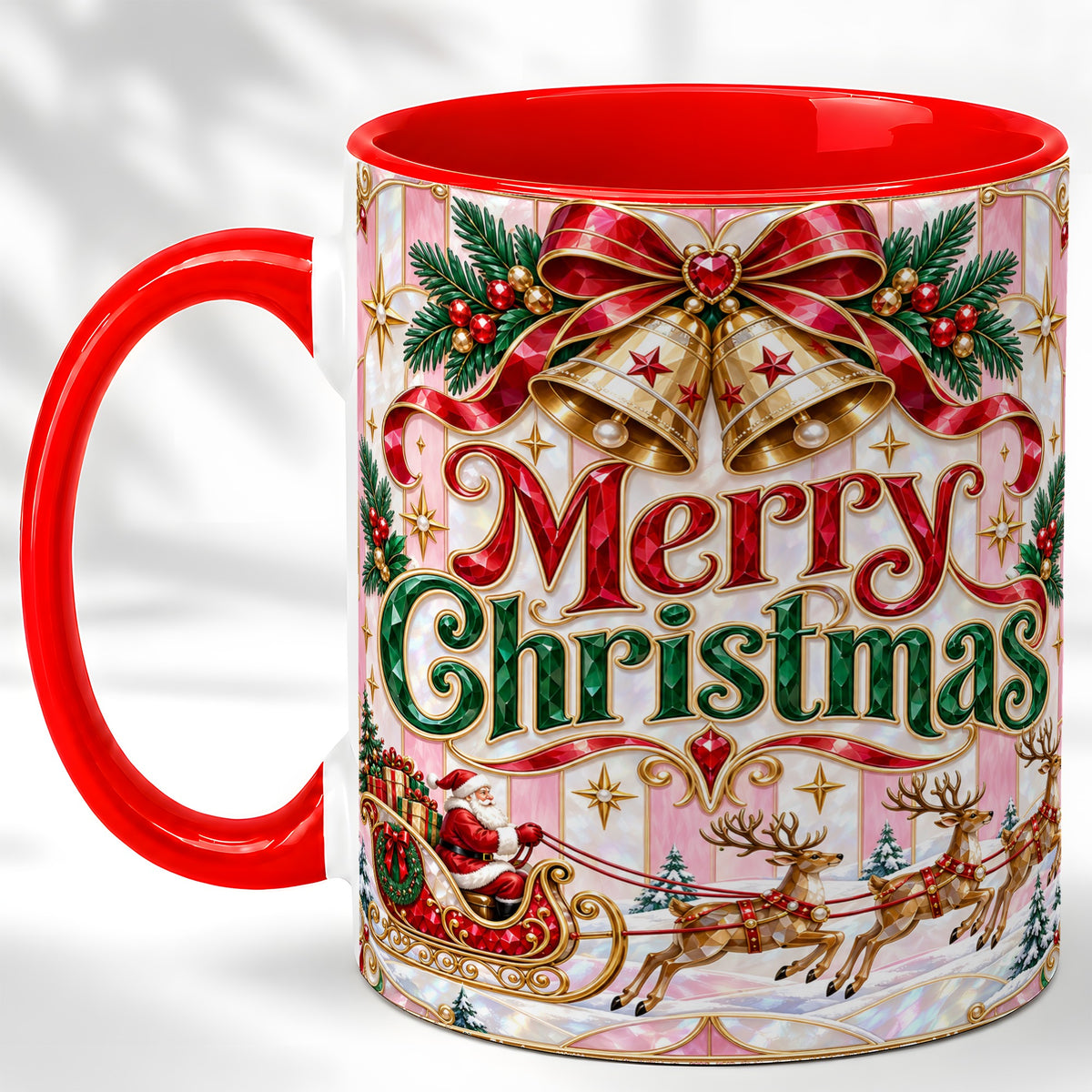 Santa Sleigh Coffee Mug, Christmas Bell Mug, Ceramic Cup