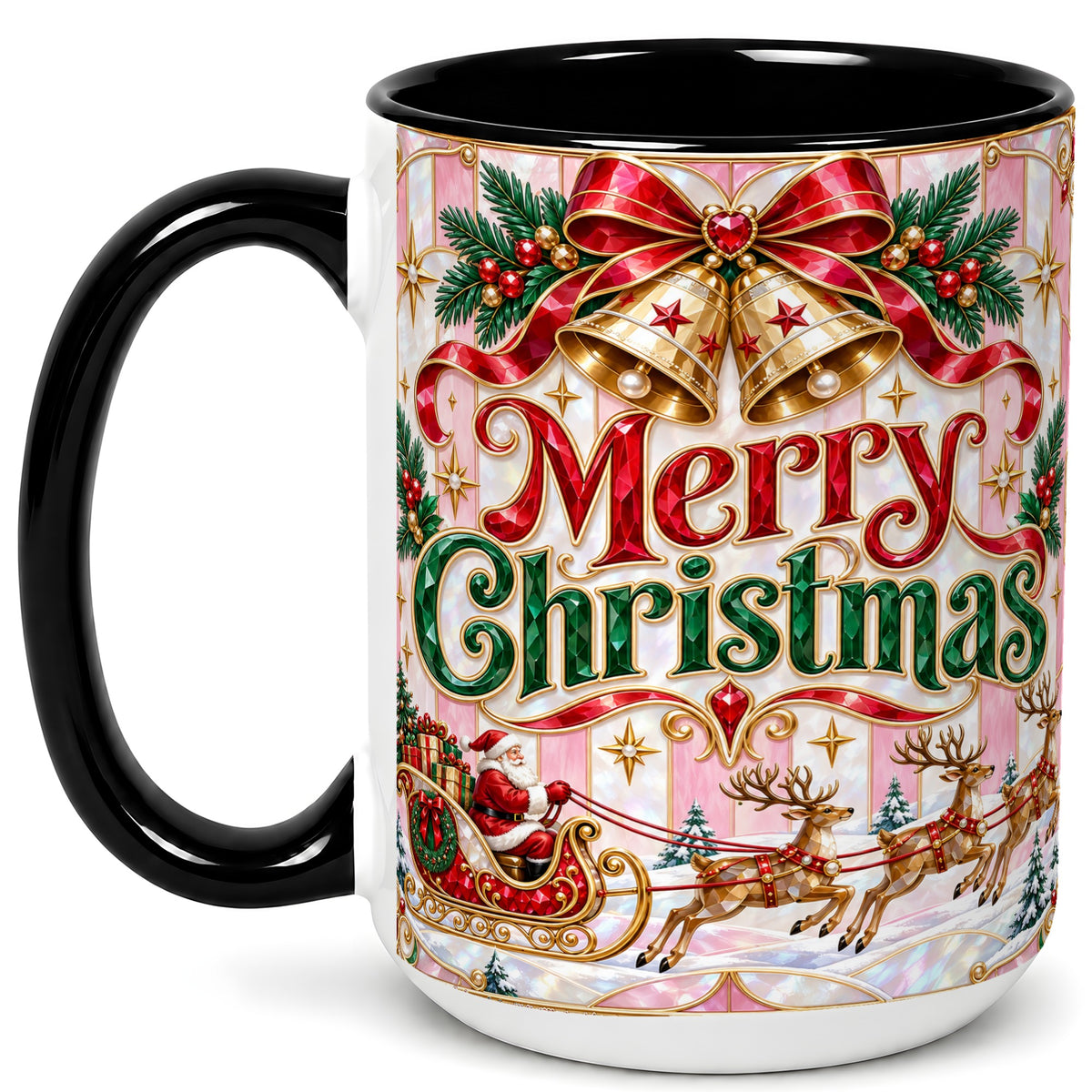 #pl[15oz|Black] Santa Sleigh Coffee Mug, Christmas Bell Mug, Ceramic Cup