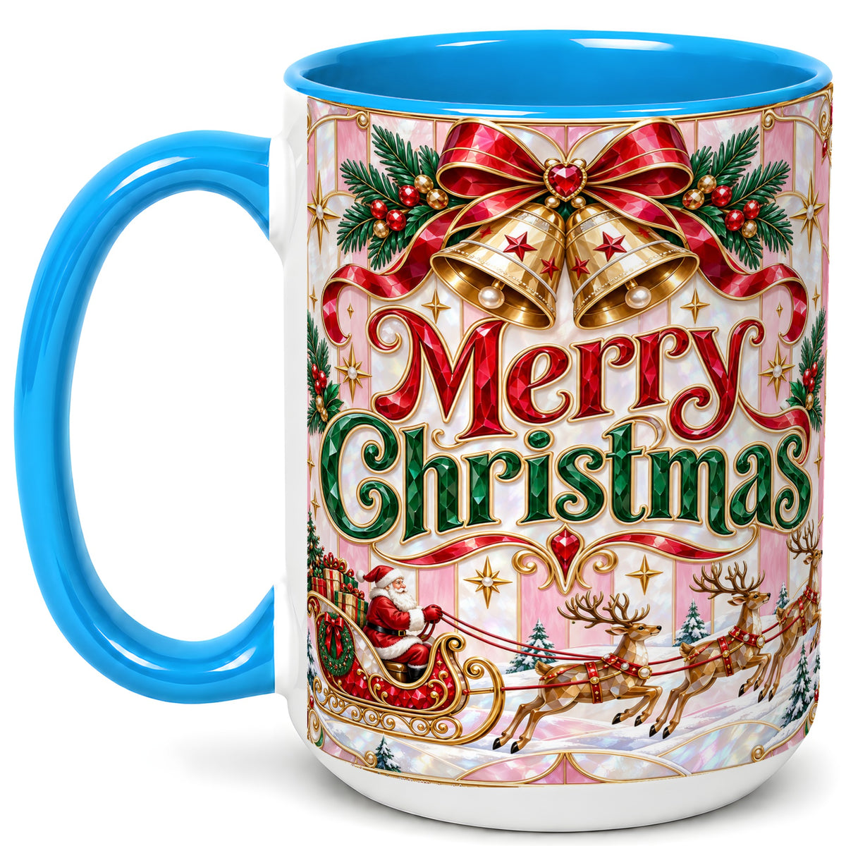 #pl[15oz|Blue] Santa Sleigh Coffee Mug, Christmas Bell Mug, Ceramic Cup