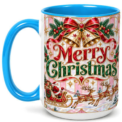 #pl[15oz|Blue] Santa Sleigh Coffee Mug, Christmas Bell Mug, Ceramic Cup