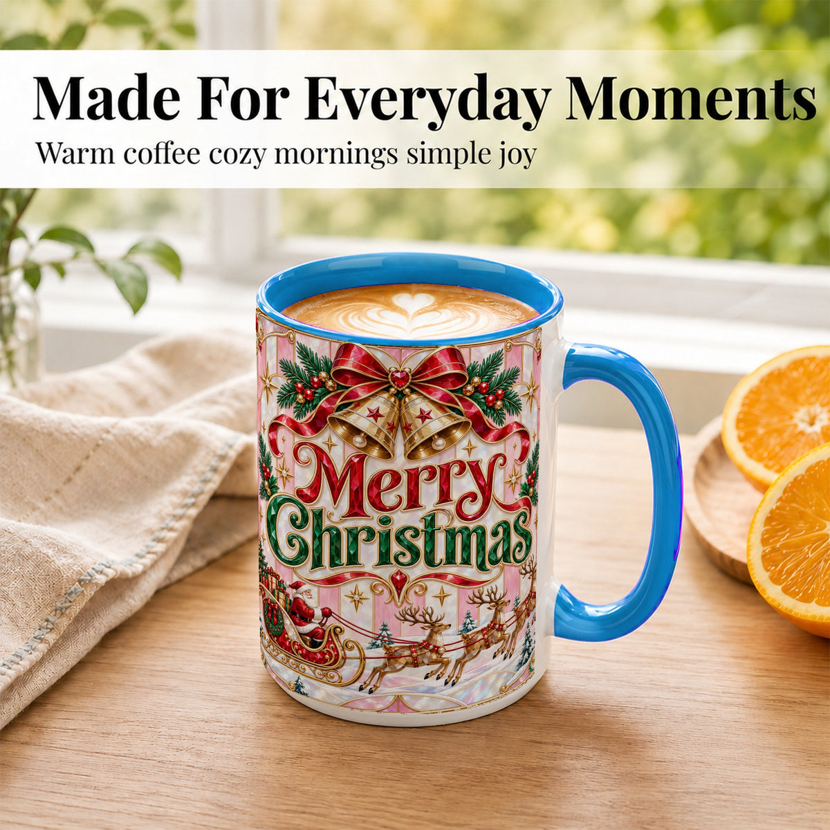 #pl[15oz|Blue] Santa Sleigh Coffee Mug, Christmas Bell Mug, Ceramic Cup