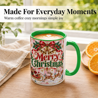 #pl[15oz|Green] Santa Sleigh Coffee Mug, Christmas Bell Mug, Ceramic Cup