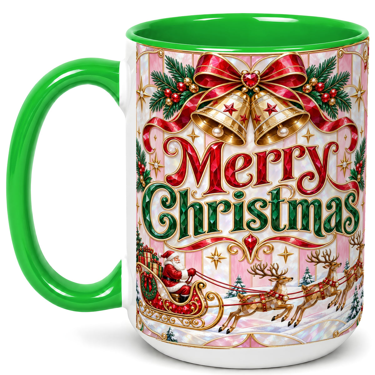 #pl[15oz|Green] Santa Sleigh Coffee Mug, Christmas Bell Mug, Ceramic Cup