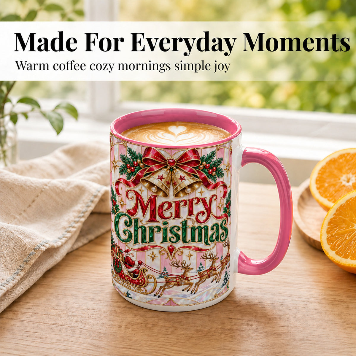 #pl[15oz|Pink] Santa Sleigh Coffee Mug, Christmas Bell Mug, Ceramic Cup