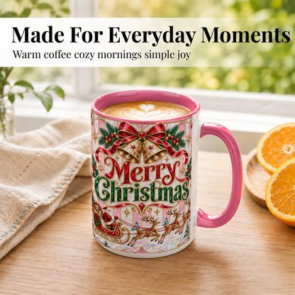 #pl[15oz|Pink] Santa Sleigh Coffee Mug, Christmas Bell Mug, Ceramic Cup