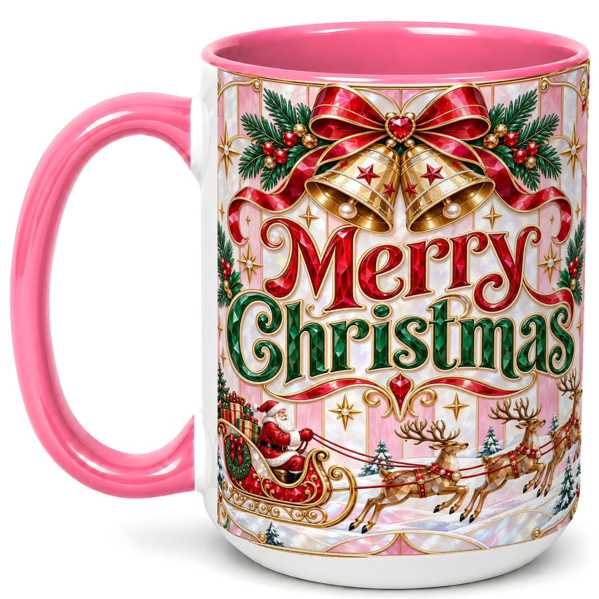 #pl[15oz|Pink] Santa Sleigh Coffee Mug, Christmas Bell Mug, Ceramic Cup