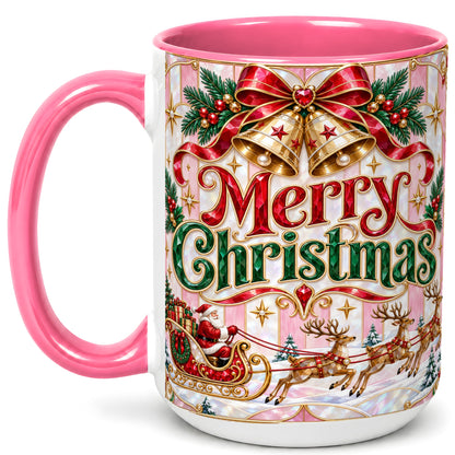 #pl[15oz|Pink] Santa Sleigh Coffee Mug, Christmas Bell Mug, Ceramic Cup