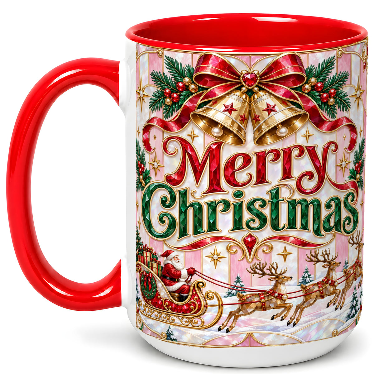 #pl[15oz|Red] Santa Sleigh Coffee Mug, Christmas Bell Mug, Ceramic Cup