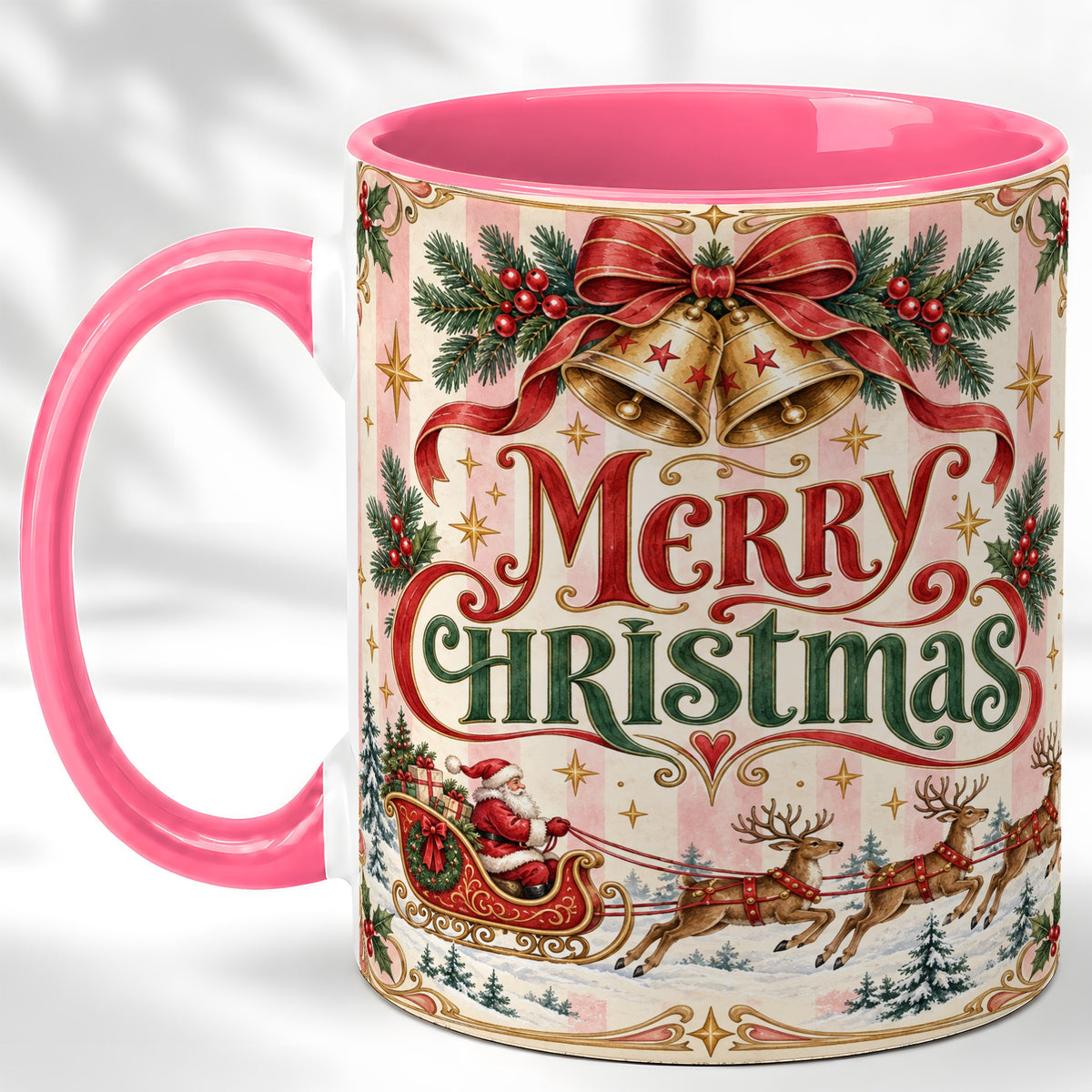 #pl[11oz|Pink] Vintage Santa Sleigh Coffee Mug, Holiday Mug, Ceramic Cup