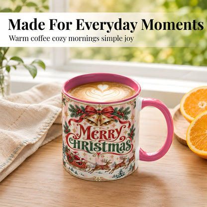 #pl[11oz|Pink] Vintage Santa Sleigh Coffee Mug, Holiday Mug, Ceramic Cup