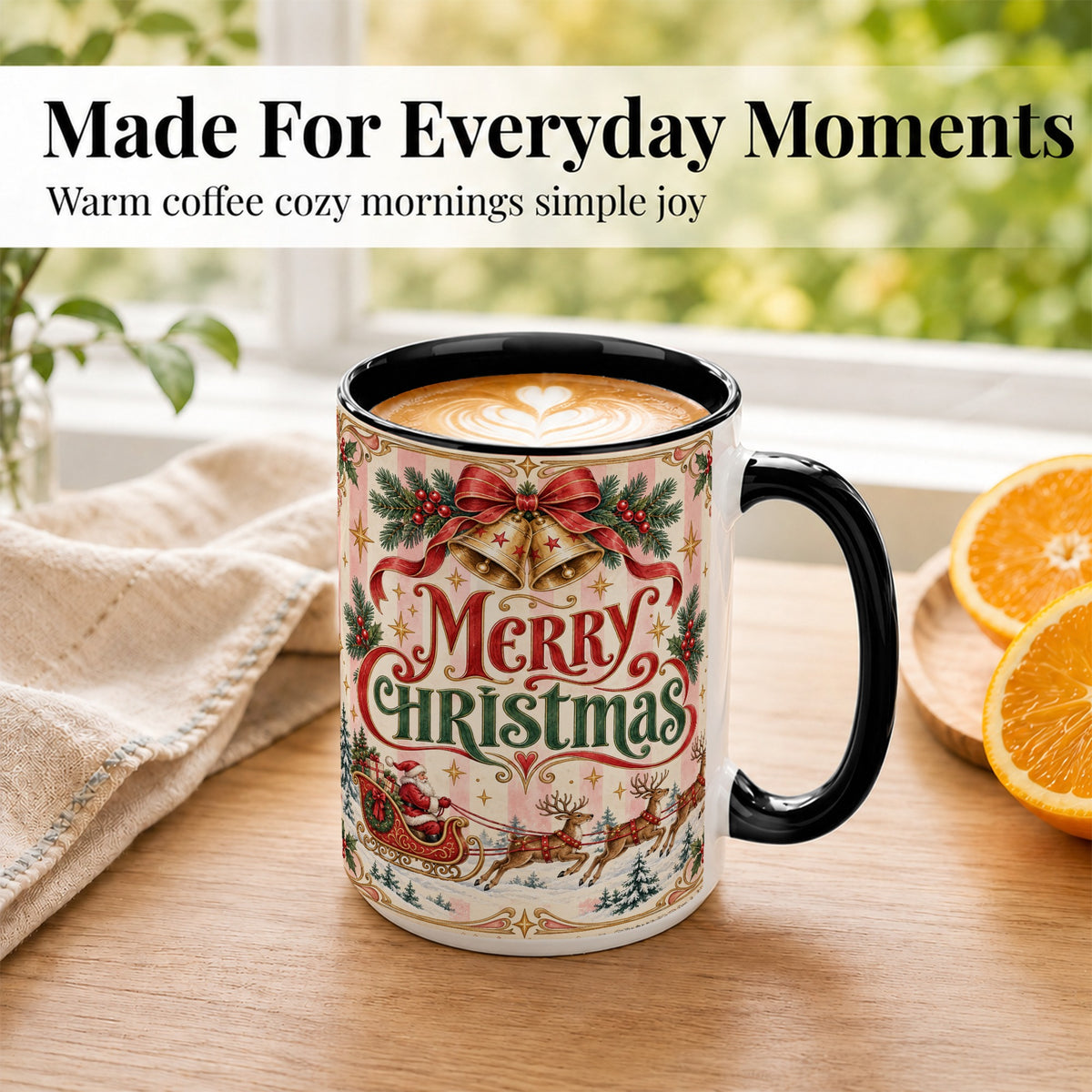 #pl[15oz|Black] Vintage Santa Sleigh Coffee Mug, Holiday Mug, Ceramic Cup