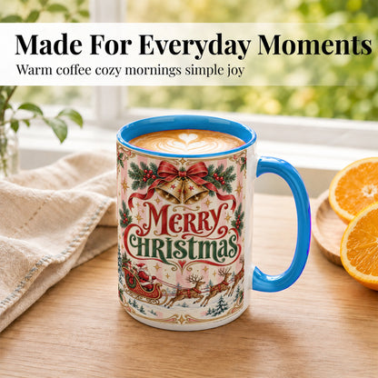 #pl[15oz|Blue] Vintage Santa Sleigh Coffee Mug, Holiday Mug, Ceramic Cup