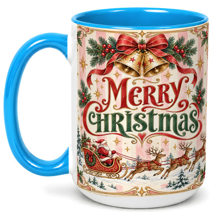#pl[15oz|Blue] Vintage Santa Sleigh Coffee Mug, Holiday Mug, Ceramic Cup