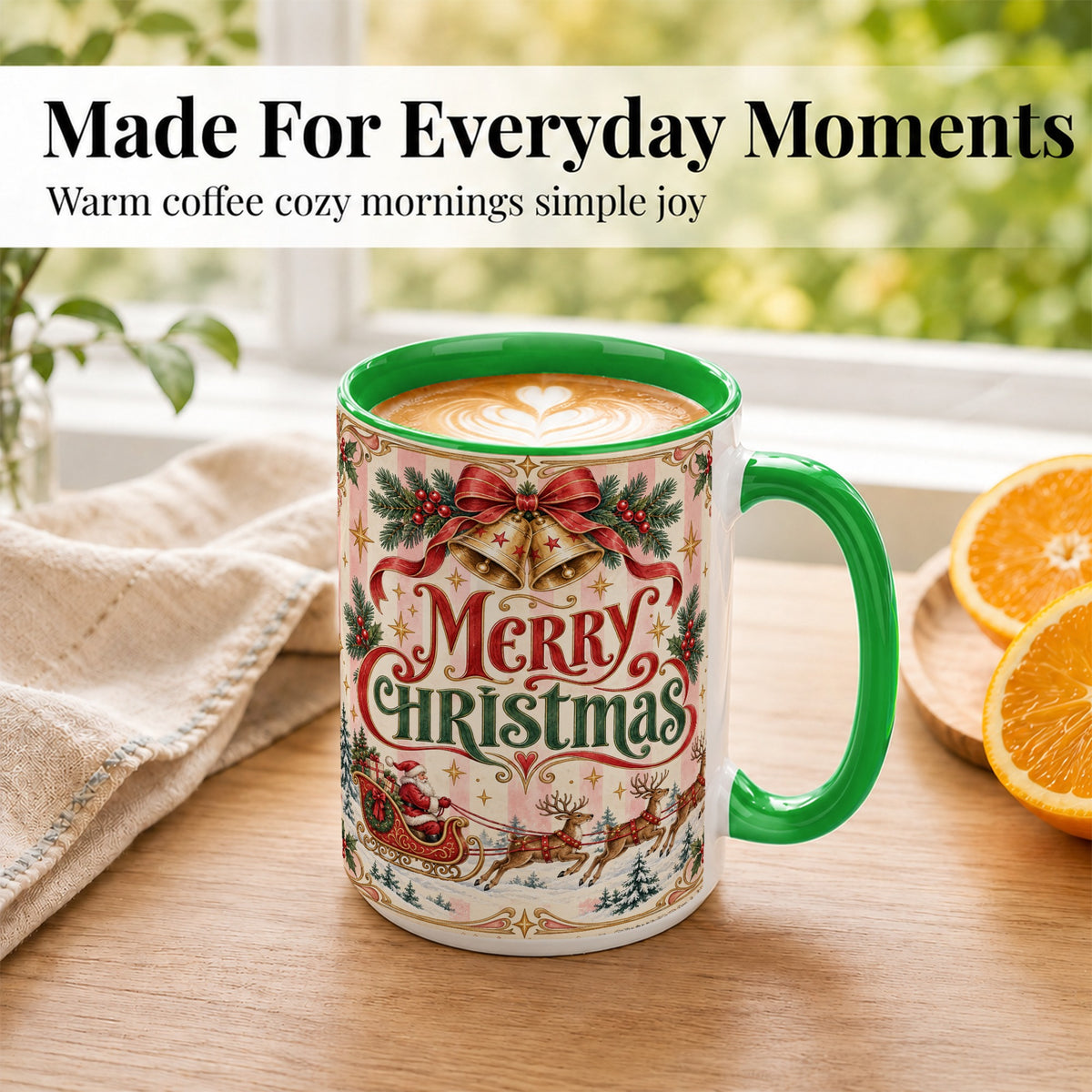 #pl[15oz|Green] Vintage Santa Sleigh Coffee Mug, Holiday Mug, Ceramic Cup