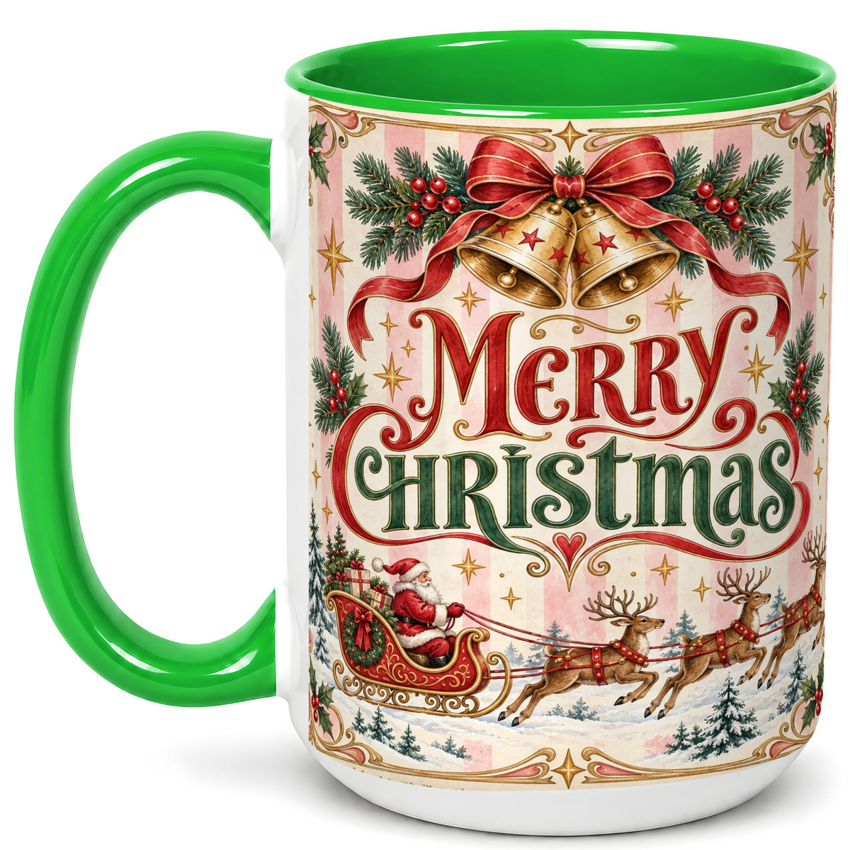 #pl[15oz|Green] Vintage Santa Sleigh Coffee Mug, Holiday Mug, Ceramic Cup