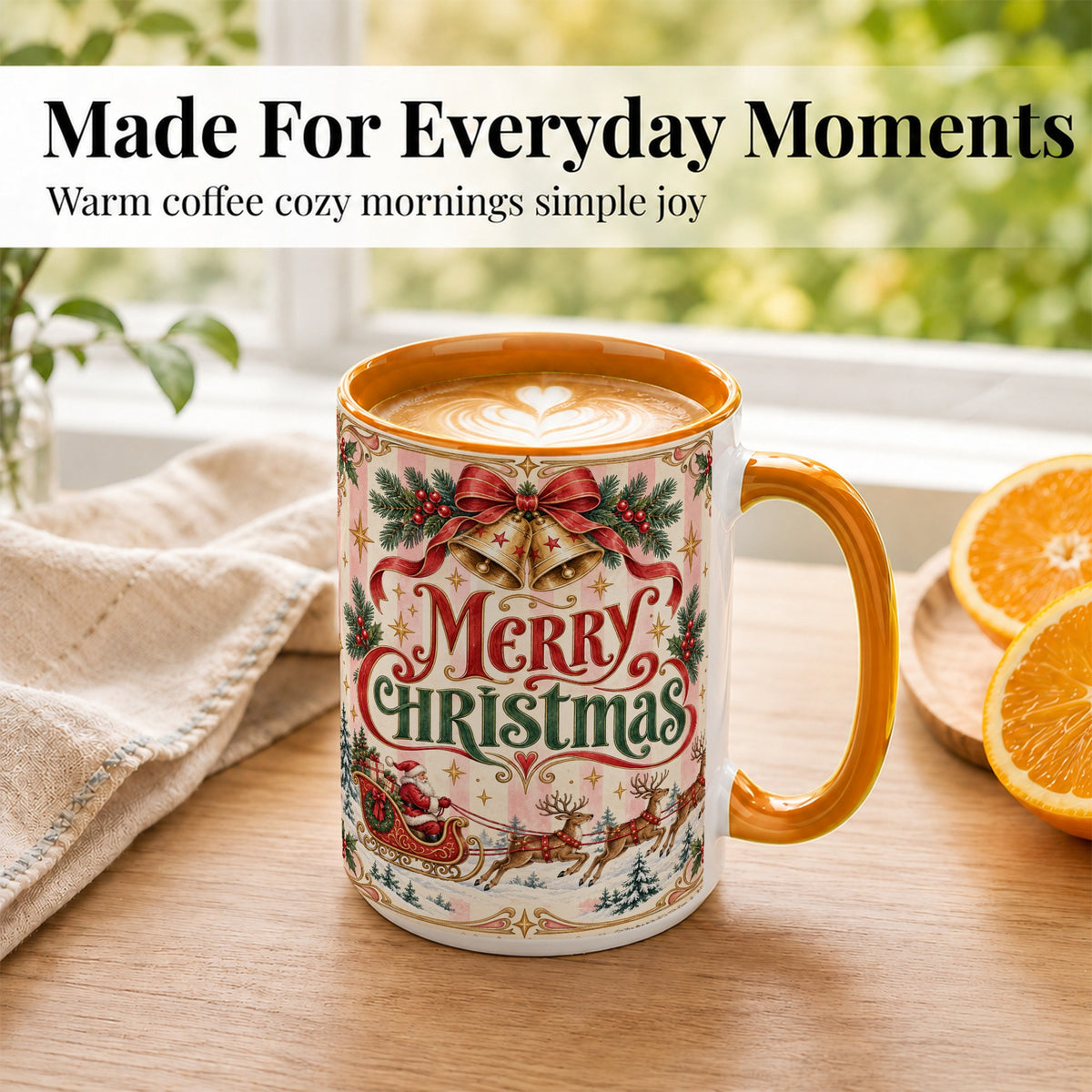 #pl[15oz|Orange] Vintage Santa Sleigh Coffee Mug, Holiday Mug, Ceramic Cup